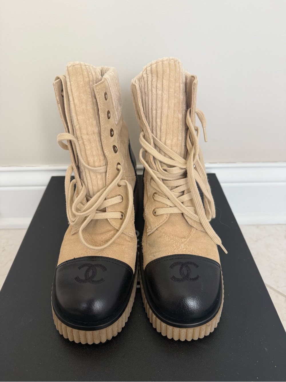 CHANEL Beige Suede and Black Leather Lace-Up Combat Boots